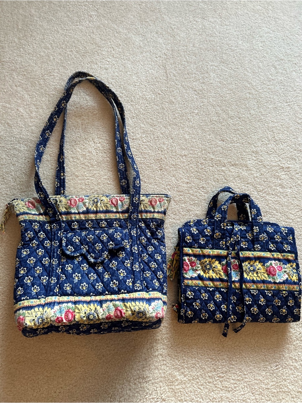 Vera Bradley Retired Maison Blue Quilted Tote W/ Matching Toiletry Travel Bag